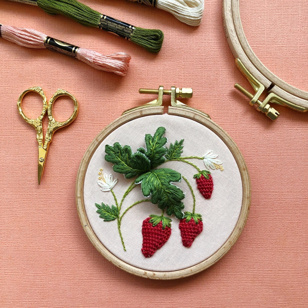 This Stumpwork Strawberry Embroidery DIY kit offers intermediate skill level practice for your craft-loving friend. Shop for this and other gifts online here at Campanula Design Studio.