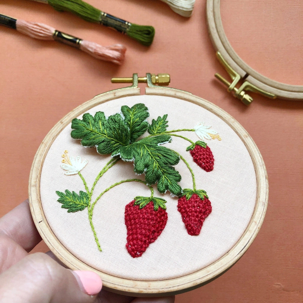 This Stumpwork Strawberry Embroidery DIY kit offers intermediate skill level practice for your craft-loving friend. Shop for this and other gifts online here at Campanula Design Studio.