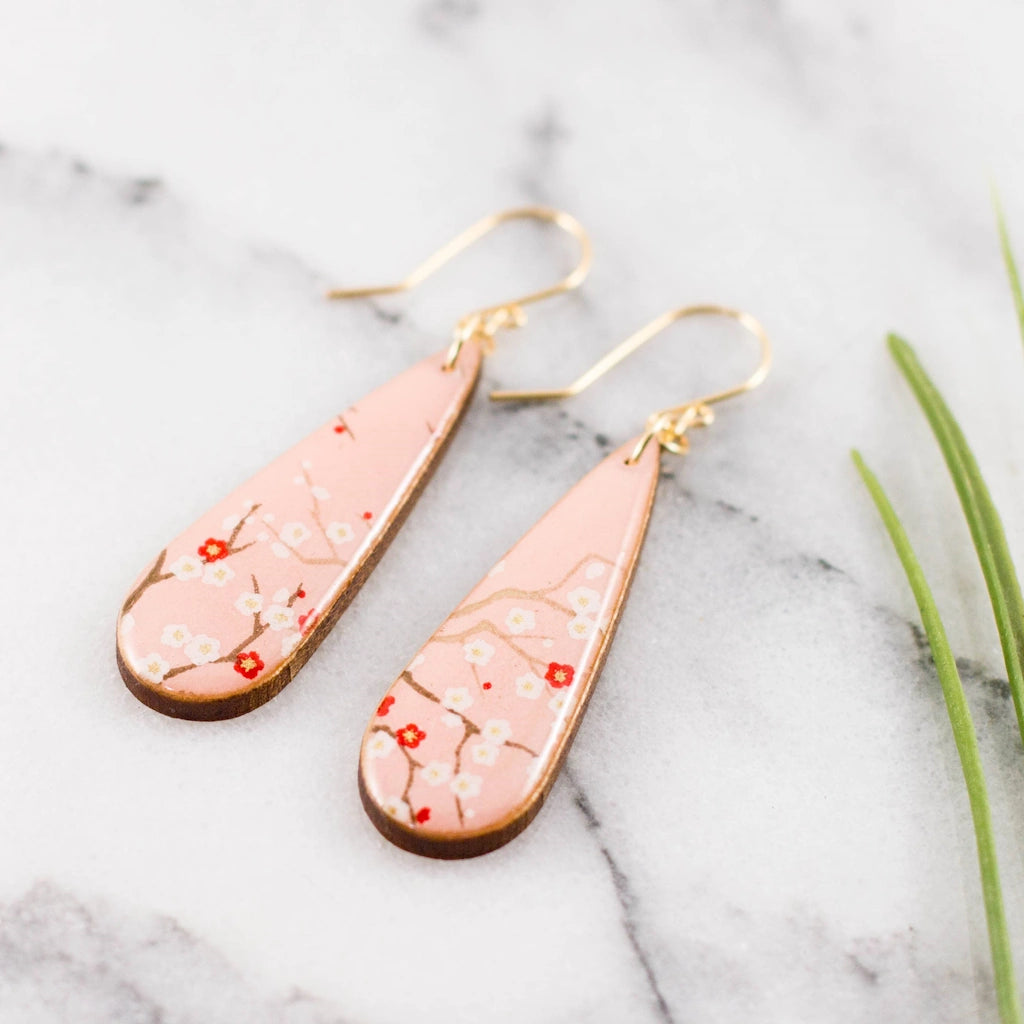 Teardrop Pale Pink Cherry Blossom Earrings available from Seattle florist, Campanula Design Studio for nationwide shipping or greater Seattle delivery.