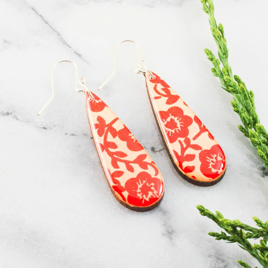 Beatufiful Teardrop Red Graphic Floral Earrings available from Seattle flower and gift basket shop, Campanula Design Studio.