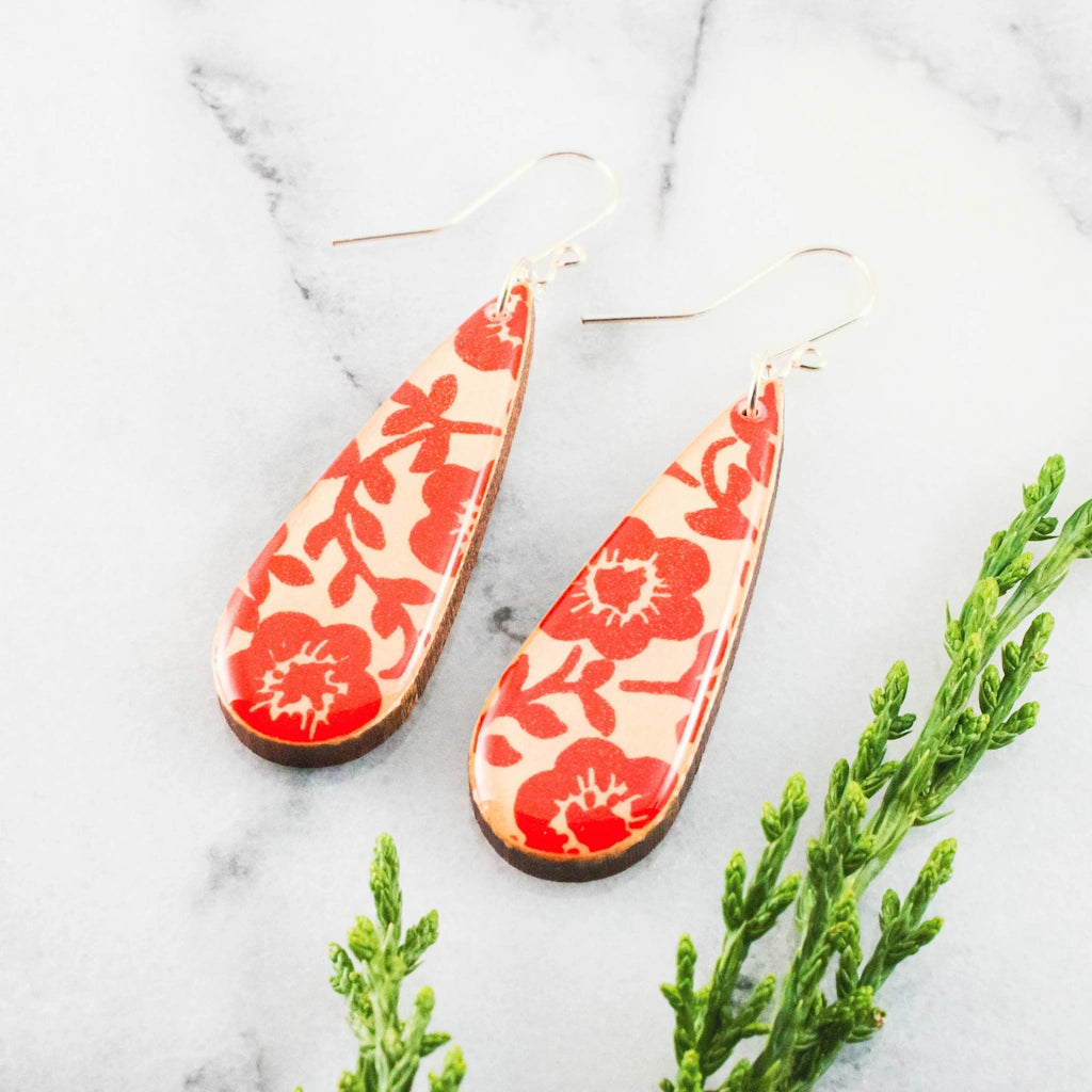 Beatufiful Teardrop Red Graphic Floral Earrings available from Seattle flower and gift basket shop, Campanula Design Studio.