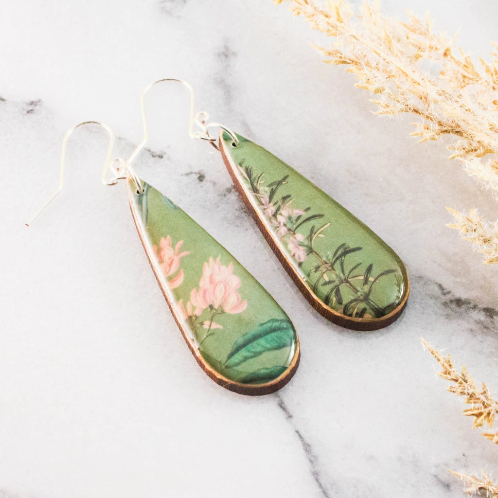 These beautiful teardrop sage botanical earrings make a perfect gift. Available from Campanula Design Studio in Seattle.