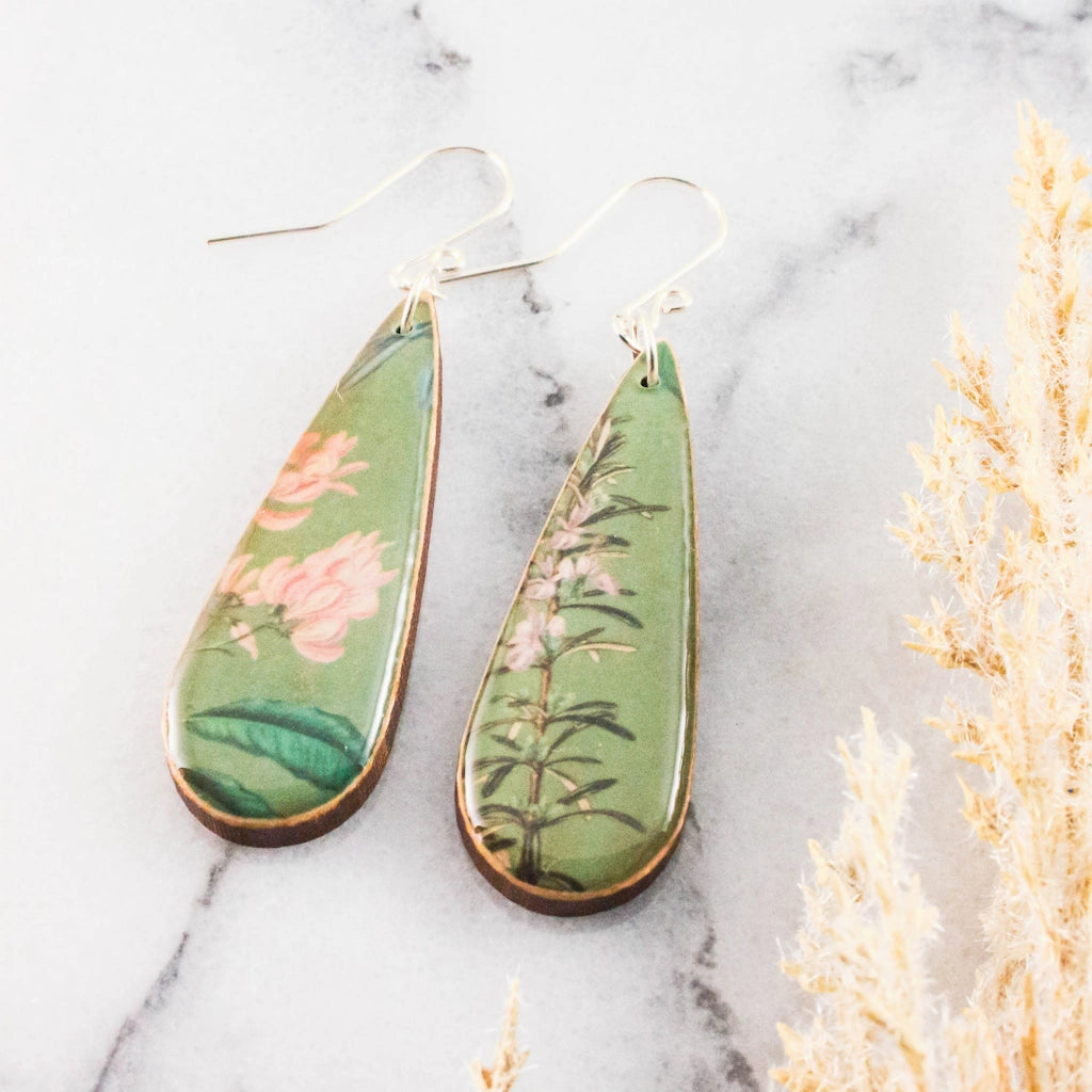 These beautiful teardrop sage botanical earrings make a perfect gift. Available from Campanula Design Studio in Seattle.