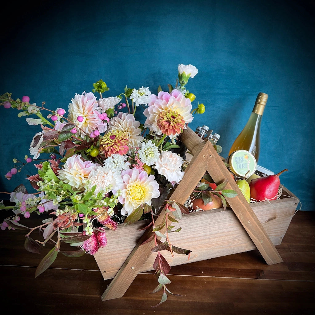 Custom Wooden Gift Basket with or without Seasonal Floral – Campanula  Design Studio