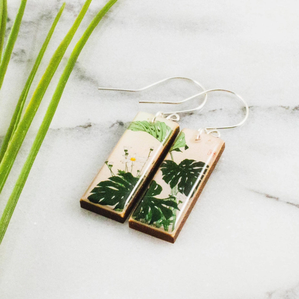 Monstera Plant Earrings in vintage Japanese style. Available from Campanula Design Studio, Seattle florist and gift shop.