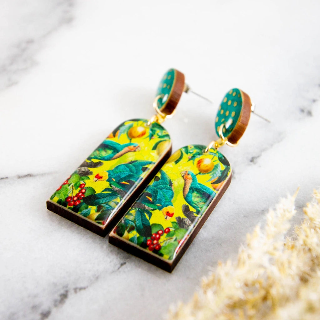 These Vintage Tropical Parrot Drop Post Earrings are the perfect summer statement! Available from Seattle flower shop and gift basket store, Campanula Design Studio.