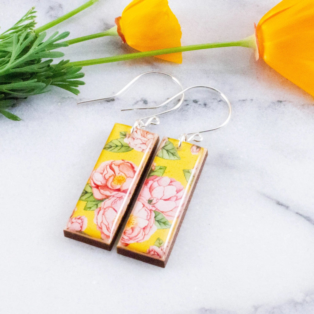 These Yellow and Pink Peony Rectangle Earrings make a perfect gift or treat for yourself. Available from Campanula Design Studio, Seattle's gift basket and floral center.