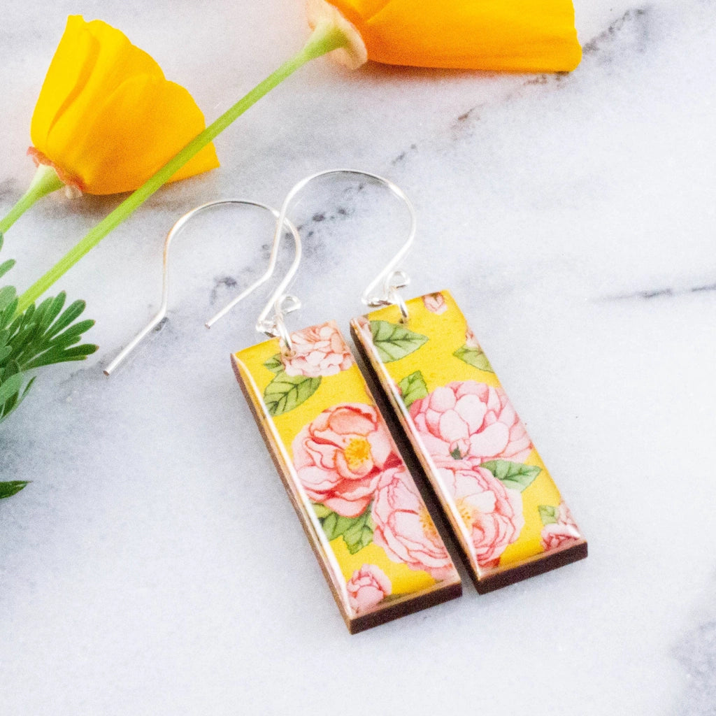 These Yellow and Pink Peony Rectangle Earrings make a perfect gift or treat for yourself. Available from Campanula Design Studio, Seattle's gift basket and floral center.